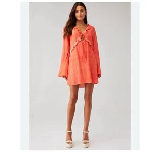 ROCOCO SAND Small boho River Coral Bell Sleeve resort mini dress Gauze Beach Y16